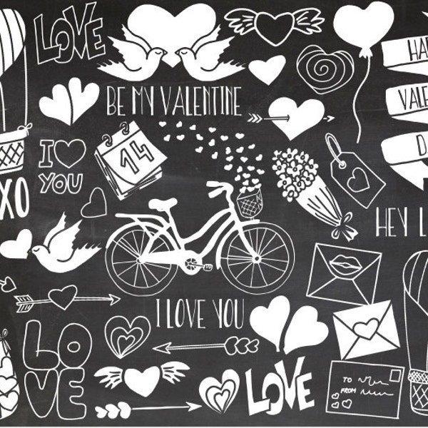 Chalk Valentines Day Clipart. Doodle Love, Wedding Clip Art. White Chalkboard Heart, Arrow, Flower, Lettering Doodle Illustrations.