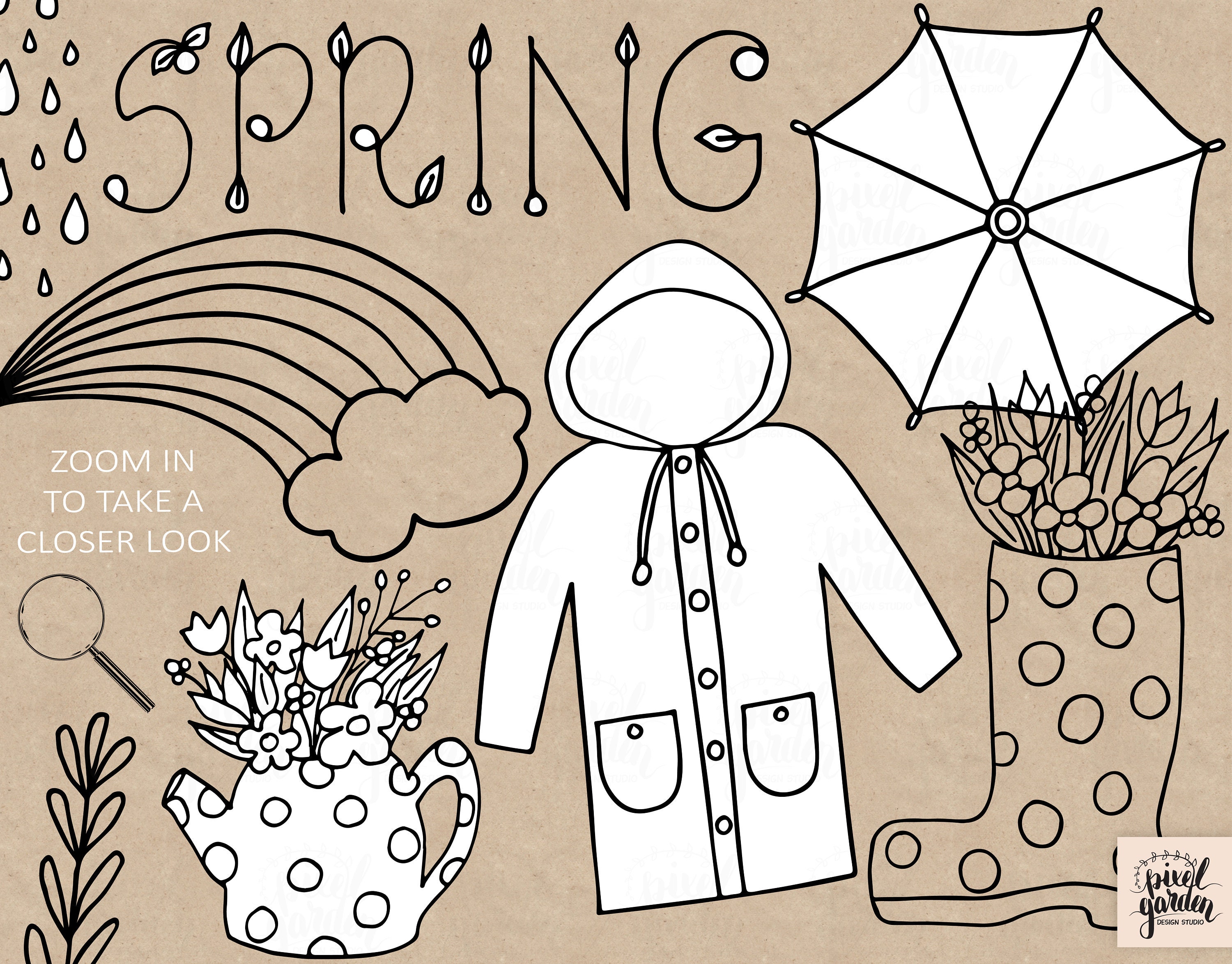 Black & White Spring Clipart. Hand Drawn Floral Clip Art. Rainbow, Rain ...