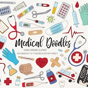 Può includere: Un set di 50 scarabocchi medici disegnati a mano in vari colori, tra cui uno stetoscopio, un termometro, pillole, bende, un kit di pronto soccorso, un monitor della frequenza cardiaca e una siringa. Gli scarabocchi sono perfetti per l'uso in illustrazioni mediche, materiali educativi o per creare disegni divertenti e stravaganti.
