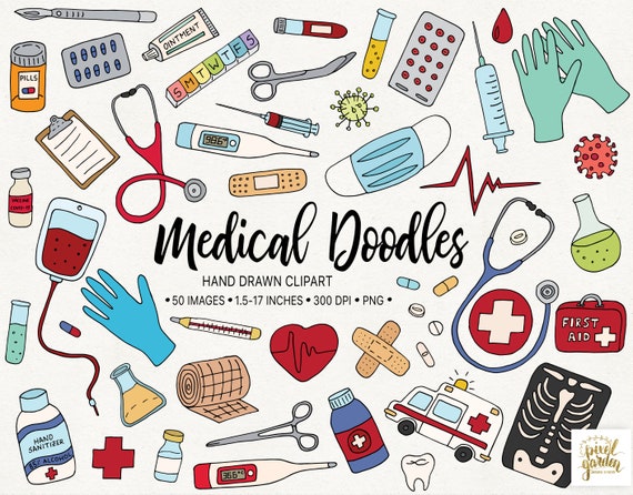 Medical Clipart. Hand Drawn Doctor, Medicine, Health Clip Art. Pandemic, Mask, Sanitizer, Doodle Healthcare, Nurse, Hospital  Illustrations.