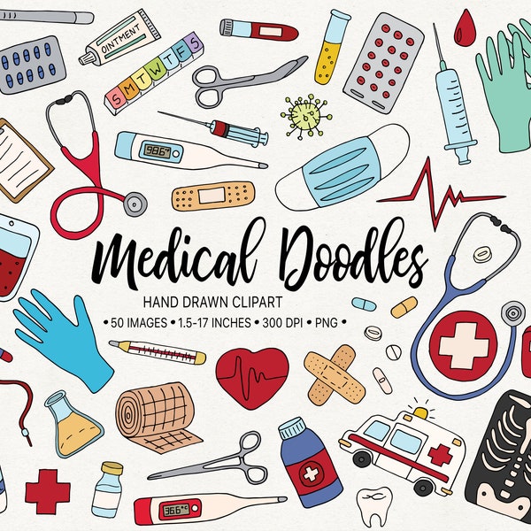 Medische illustraties. Hand getrokken arts, geneeskunde, gezondheid illustraties. Pandemie, masker, ontsmettingsmiddel, doodle gezondheidszorg, verpleegster, ziekenhuisillustraties.