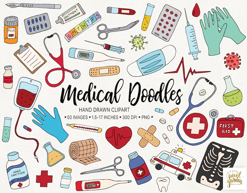 May include: A set of 50 hand-drawn medical doodles in various colors, including a stethoscope, thermometer, pills, bandages, a first aid kit, a heart rate monitor, and a syringe. The doodles are perfect for use in medical illustrations, educational materials, or for creating fun and quirky designs.