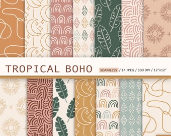 Papel digital sin costuras Boho. Papel de álbum de recortes Boho Rainbow. Fondo bohemio tropical. Patrones geométricos boho. Papel digital de uso comercial