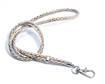 Leather lanyard with snake print - stainless steel