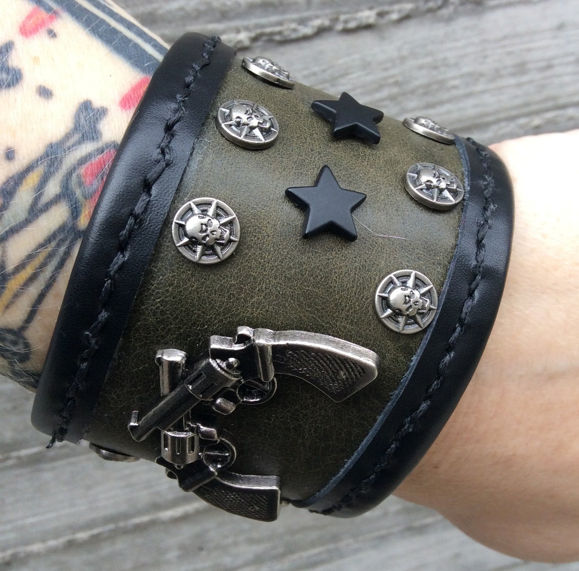 Gun Cuff With Black and Green Leather Stars and Skull Star - Etsy