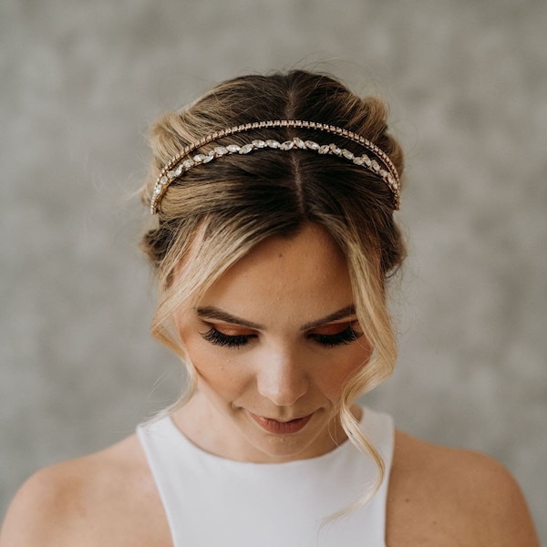 Crystal Bridal Headband | Crystal Wedding Hair Band | Gold Double Headband | Gold Crystal Tiara | CZ Wedding Hairpiece | Kali Headband
