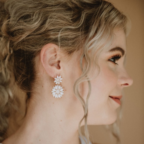 Flower Bridal Earrings | Statement Boho Wedding Earrings | Floral Stud Bridal Drop Earrings | White Chandelier Earrings | Athens Earrings