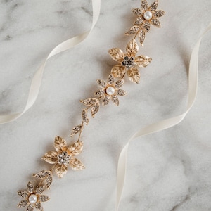 Gold Flower Sash | Crystal Bridal Belt Sash | Boho Bridal Sash | Gold Wedding Dress Belt | Floral Sash Belt | 50% off