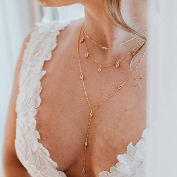 Lariat-Hochzeits-Halskette | Layered Choker | Brautschmuck | Kristall Lariat Braut Halskette | Goldene Statement-Halskette | Cosmo-Halskette