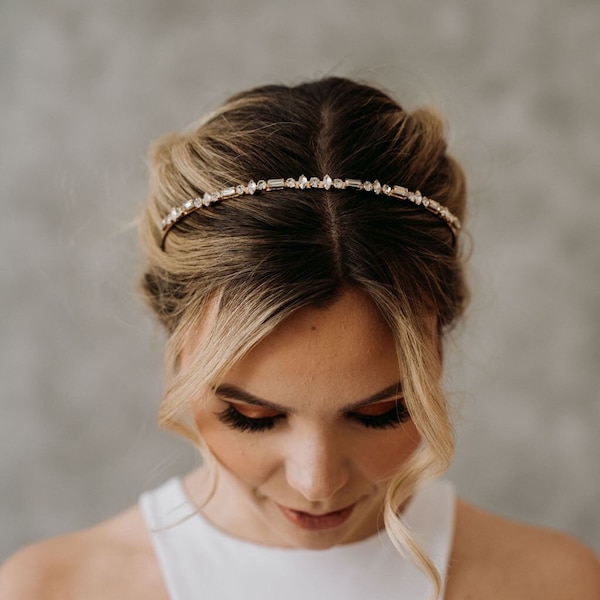 Gold Wedding Headband | Crystal Bridal Hair Band | Bridal Hair Wreath | Crystal Tiara | CZ Wedding Hairpiece | Carrie Headband