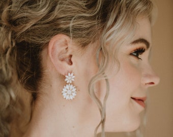 Flower Bridal Earrings | Statement Boho Wedding Earrings | Floral Stud Bridal Drop Earrings | White Chandelier Earrings | Athens Earrings