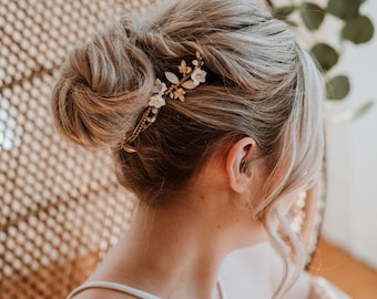 Cadena de pelo nupcial / Cadena de pelo de boda de oro / Cadena de cabeza nupcial / Cadena de pelo floral / Tocado de novia perla / Emma