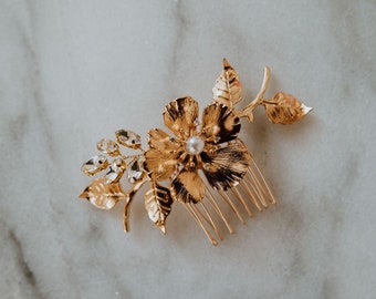 Gold Bridal Hair Comb | Gold Flower Hair Comb | Crystal and Pearl Hair Comb | Fleur