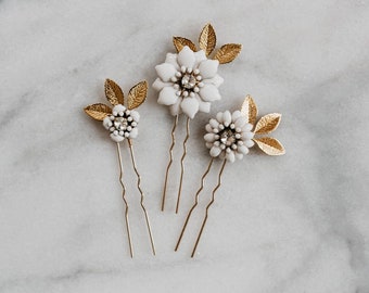 Boho Hair Pin Set | Floral Bridal Hair Pins | Trio of Wedding Hair Pins | Gold Leaf Hair Pins | Adele 50% off