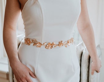 CARA Gold Floral Bridal Belt With Pearls and Crystals 