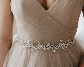 Silver Leaf Bridal Sash: Pearl & Crystal Wedding Dress Belt Ariana