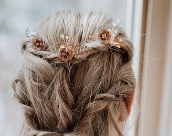 Épingles à cheveux de mariée en or rose | Ensemble d'épingles à cheveux fleur | Postiche de mariée rose poudré | Coiffe de mariage champagne | Lot d'épingles à cheveux roses Cora