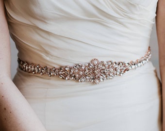 Rose Gold Bridal Sash | Crystal Bridal Belt Sash | Rose Gold Wedding Dress Belt | Crystal and Pearl Tapered Bridal Sash | Farrah