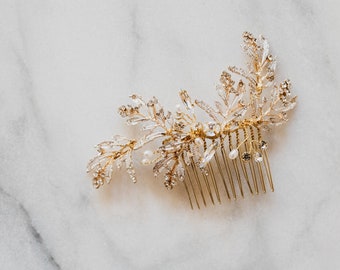 Gold Bridal Hair Comb | Leaf Bridal Hair Comb | Gold Leaf Bridal Hairpiece | Wedding Headpiece | Crystal Hair Com | Astana