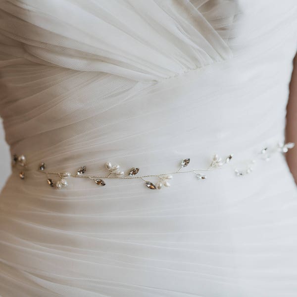 Thin Rhinestone and Pearl Bridal Sash | Petite Wedding Belt | Skinny Crystal and Bridal Belt Sash | Miriam Bridal Sash