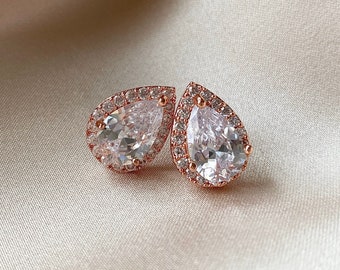 Crystal Bridal Stud Earrings | Silver Teardrop Crystal CZ Wedding Earrings | Rose Gold Wedding Earrings | Gold Bridal Earrings | Camila