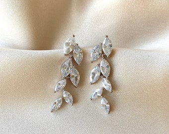 Crystal Leaf Earrings | Leaf Earrings Silver | Crystal Bridal Earrings | Crystal Dangle Earrings | CZ Diamond Wedding Drop Earrings Isla