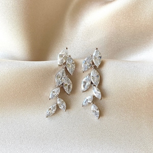 Crystal Leaf Earrings Leaf Earrings Silver Crystal Bridal Earrings Crystal Dangle Earrings CZ Diamond Wedding Drop Earrings Isla image 1