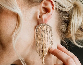 Tassel Earrings | Long Gold Earrings | Crystal Dangle Earrings | Gold Fringe Earrings | Statement Earrings | Elita