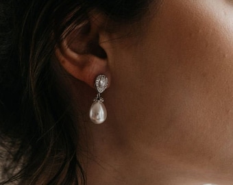Pearl Bridal Drop Earrings | Silver Diamond Crystal Wedding Earrings | Pearl Bridesmaid Earrings | Gold Wedding Crystal Earrings | Charlotte