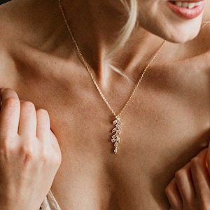 Gold Bridal Necklace | Crystal Wedding Necklace | Gold Leaf Pendant Necklace | Bridesmaid Necklace | Bridesmaid Gift | Caitlin Necklace