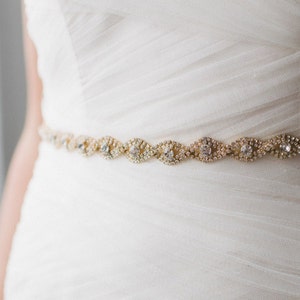 Gold Crystal Bridal Sash | Thin Gold Rhinestone Wedding Belt | Skinny Gold Bridal Belt Sash | Gold Bridesmaid Belt | Gold Chloe Sash