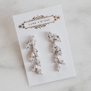 Crystal Leaf Earrings Leaf Earrings Silver Crystal Bridal Earrings Crystal Dangle Earrings CZ Diamond Wedding Drop Earrings Isla image 5