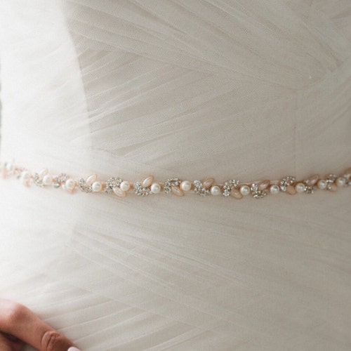 Rose Gold Pearl Bridal Sash Thin Rose Gold Wedding Dress - Etsy