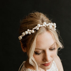 Gold Pearl Bridal Headband Pearl Statement Wedding Headband Pearl Bridal Headpiece Bridal Hair Jewelry Pearl Crown Hairpiece Palmer image 1
