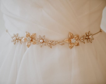 Gold Bridal Belt | Flower Bridal Belt Sash | Boho Wedding Dress Belt | Crystal and Pearl Vine Bridal Sash | Bali 50% off