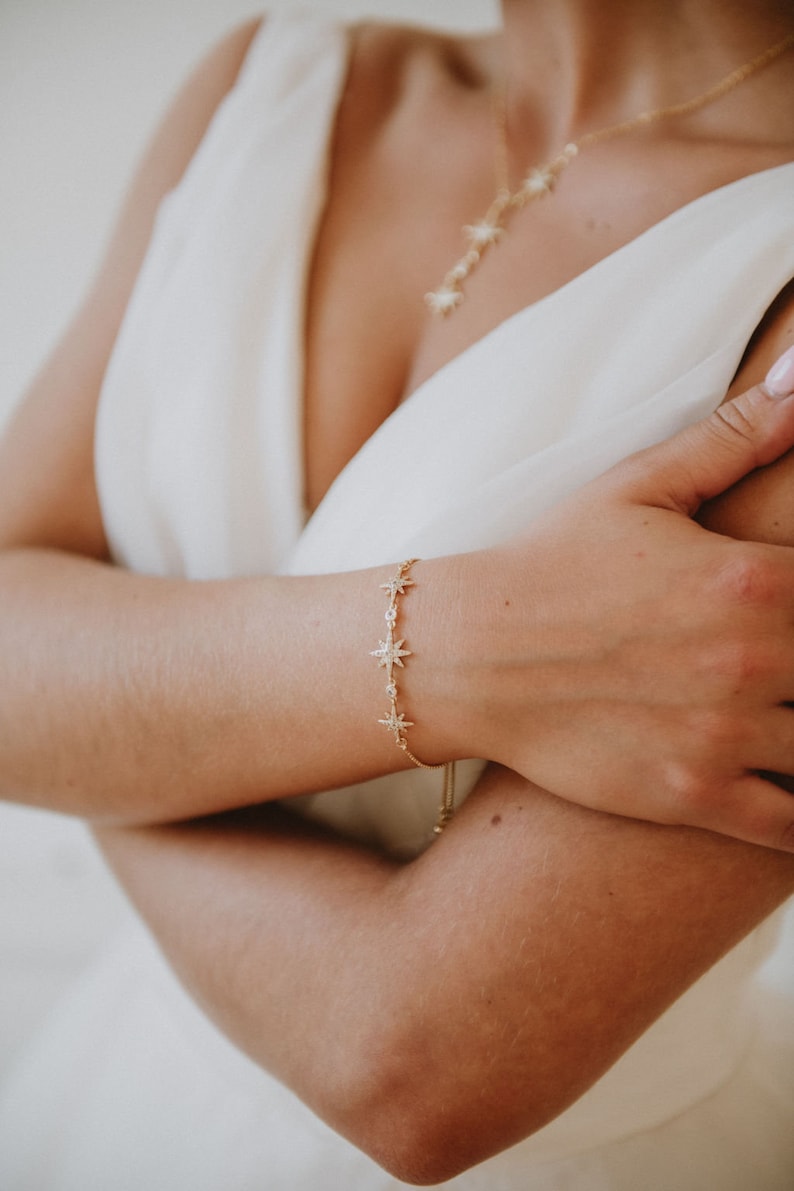 Gold Bridal Bracelet Adjustable Gold Bracelet Celestial Wedding Bracelet Gold Star Bridal Bracelet Bridesmaid Bracelet Lyra image 1