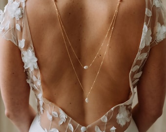 Gold Pearl Back Necklace for Bride – Bridal Back Drop Necklace, Pearl Wedding Jewelry for Low Back Dress Millie