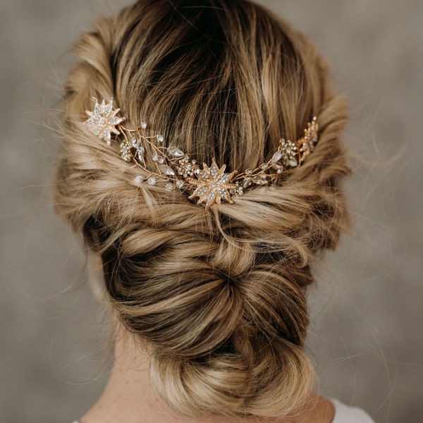 Celestial Bridal Hairpiece | Star Bridal Hair Comb | Cosmic Gold Wedding Headpiece | Gold Celestial Bridal Hair Accessory | Lotus Headpiece