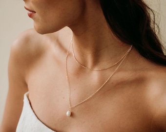 Double Layer Bridal Necklace with Freshwater Pearl | Dainty Wedding Jewelry for Bride | Gold Layered Pearl Necklace | Delia