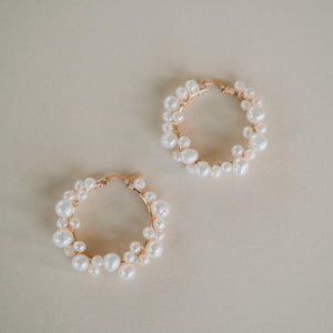 Pearl Hoop Earrings | Gold Pearl Earrings | Pearl Bridal Earrings | Statement Pearl Hoops | Minimalist Bridal Jewelry | Evia