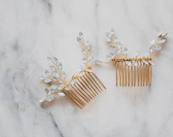 Opal Hair Comb | Set of Two Hair Combs | Opal Bridal Headpiece | Wedding Hair Comb Set | Opal Hair Vine | Gold Boho Hair Comb Ivy