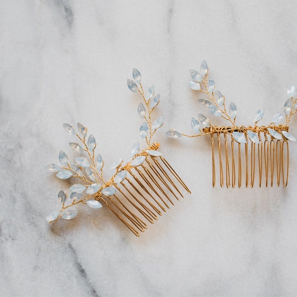 Opal Hair Comb | Set of Two Hair Combs | Opal Bridal Headpiece | Wedding Hair Comb Set | Opal Hair Vine | Gold Boho Hair Comb Ivy