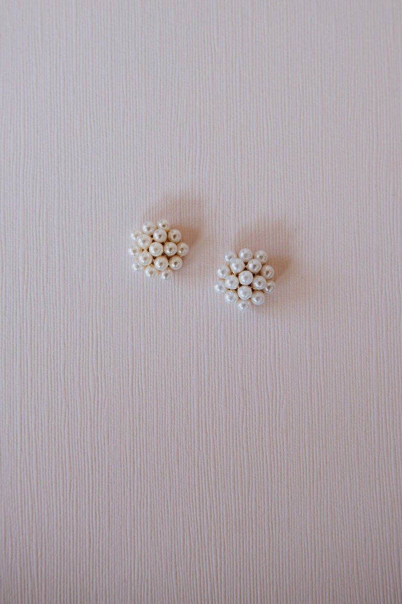 Pearl Bridal Stud Earrings Pearl and Gold Cluster Pave Wedding Earrings Pearl Bridesmaid Earrings Vintage Boho Bride Gift Phaedra Earrings image 1