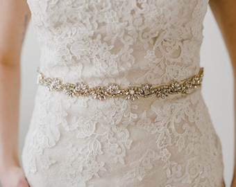 Gold Bridal Sash | Gold Wedding Dress Sash | Rhinestone Bridal Belt | Rhinestone Crystal Wedding Sash | Gold Azalea Sash