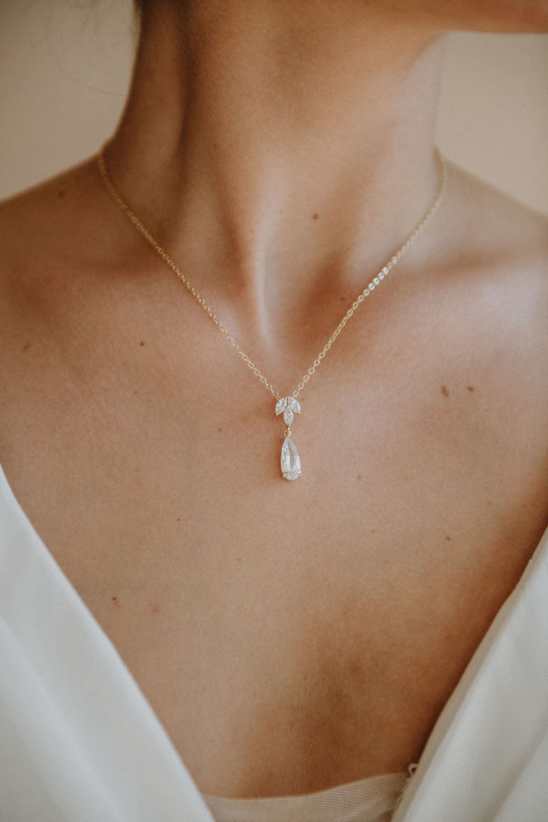 Gold Bridal Necklace Crystal Wedding Necklace Gold Leaf Pendant Necklace Bridesmaid Necklace Bridesmaid Gift Eilat Necklace image 2