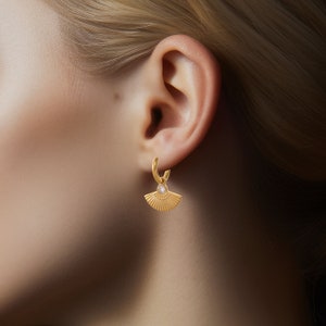 Mini Gold Hoop Earrings Gold Fan Charm Earrings Art Deco Earrings Minimalist Earrings Monique image 2