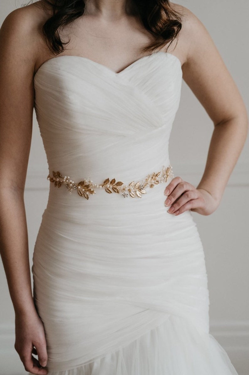 Bridal Handmade Ribbon Pearl Rhinestone Crystal Wedding Dress Belt Sash Gold