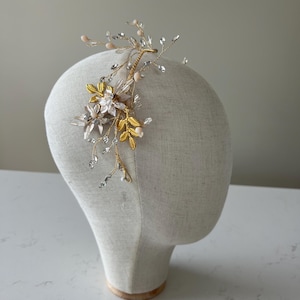 Gold Flower Hair Vine | Bridal Leaf Headband | Gold Pearl Headpiece | Pearl Bridal Hair Wreath | Sample Vine