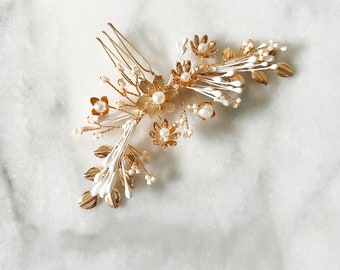 Petite Gold Hair Comb | Pearl Flower Bridal Hair Comb | Baby's Breath Hair Comb | Boho Gold Leaf Hair Comb | Sample