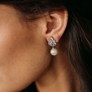 Pearl Crystal Bridal Teardrop Earrings, Diamond Pearl Wedding Earrings, Drop Pearl Bridal Earrings, CZ Pearl Wedding Earrings, Parker
